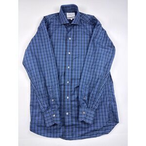 Ledbury Fine Shirting Mens 15 Classic Fit Blue Black Plaid Button Down Shirt